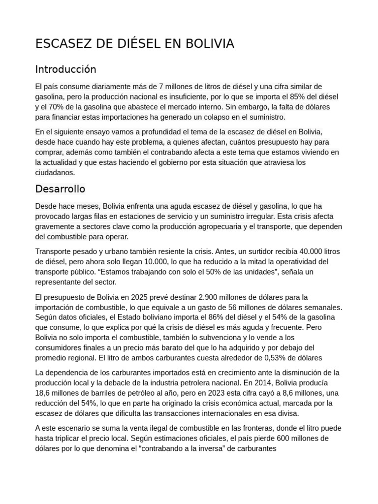 Escasez de Diésel en Bolivia: Introducción | PDF | Combustible diesel ...