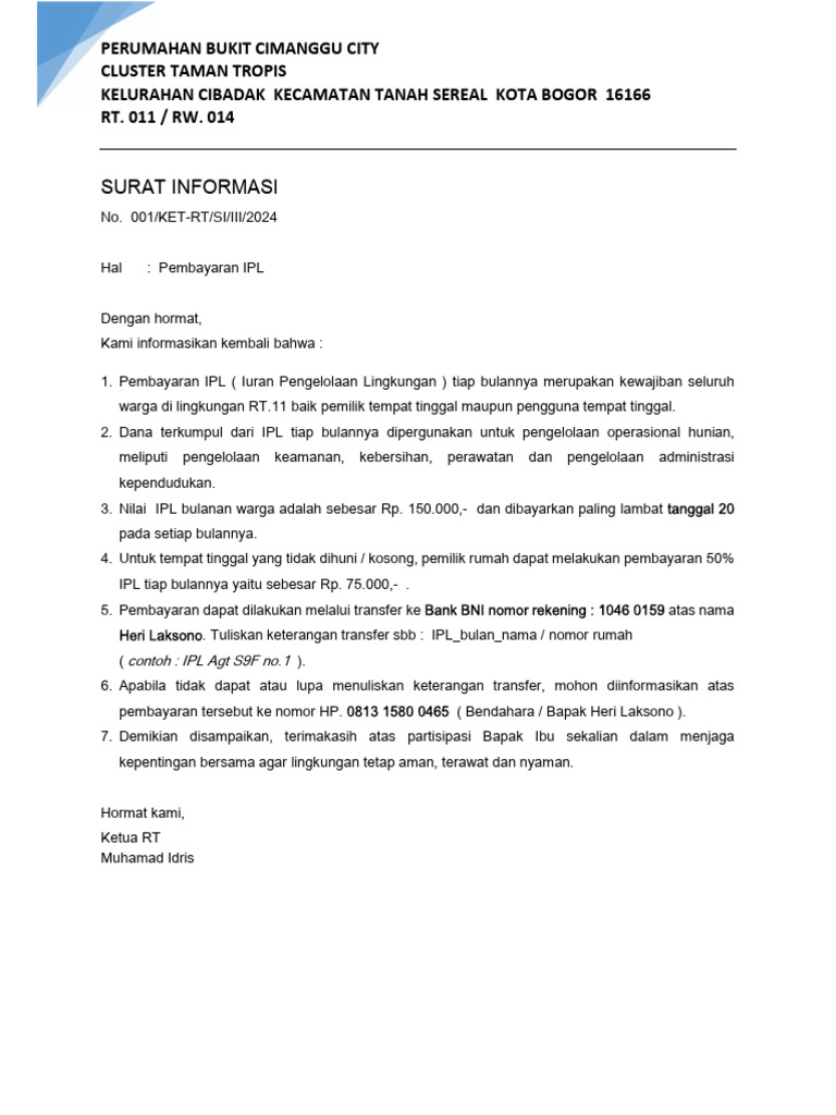 Pembayaran IPL di Bukit Cimanggu City | PDF