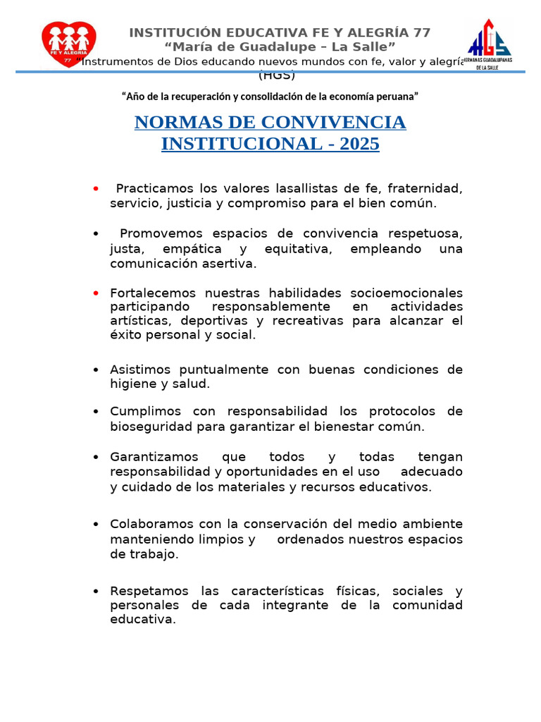 Normas de Convivencia 2025 en Fe y Alegría | PDF