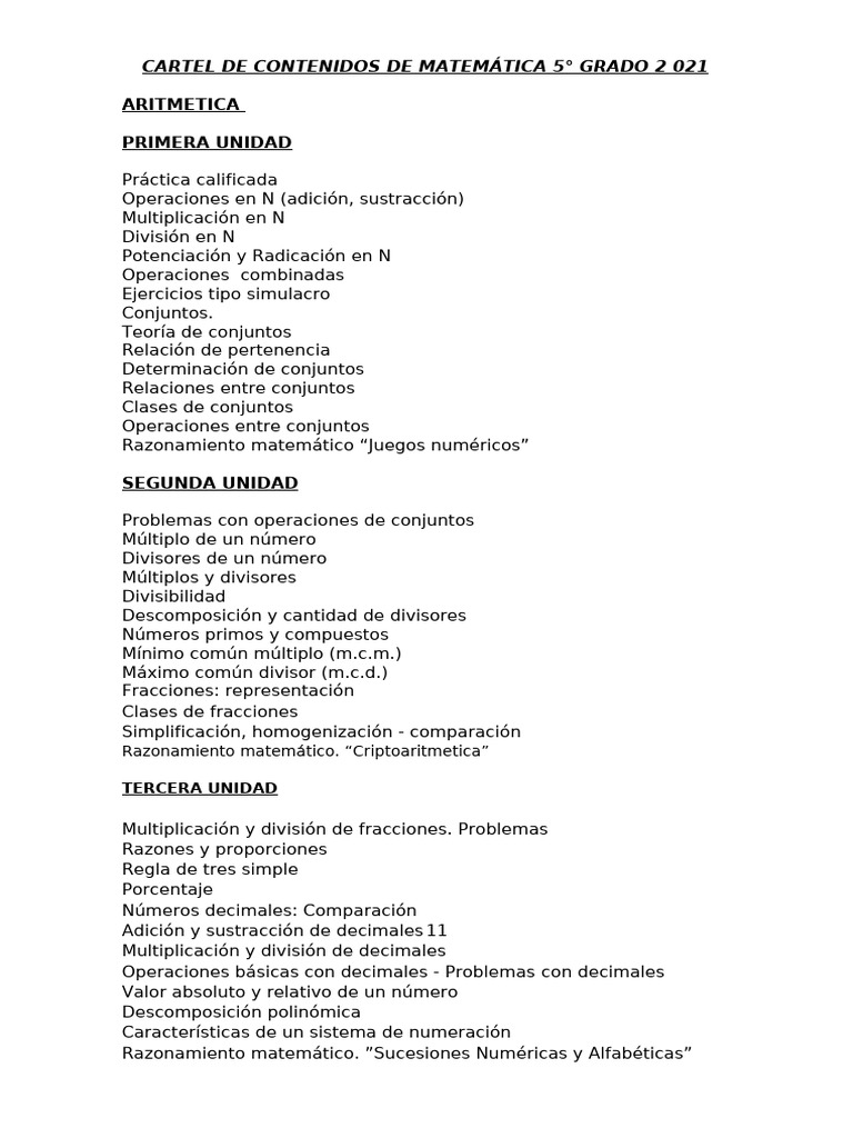 Contenidos Matemáticos y de Comunicación 5° Grado | PDF | División ...