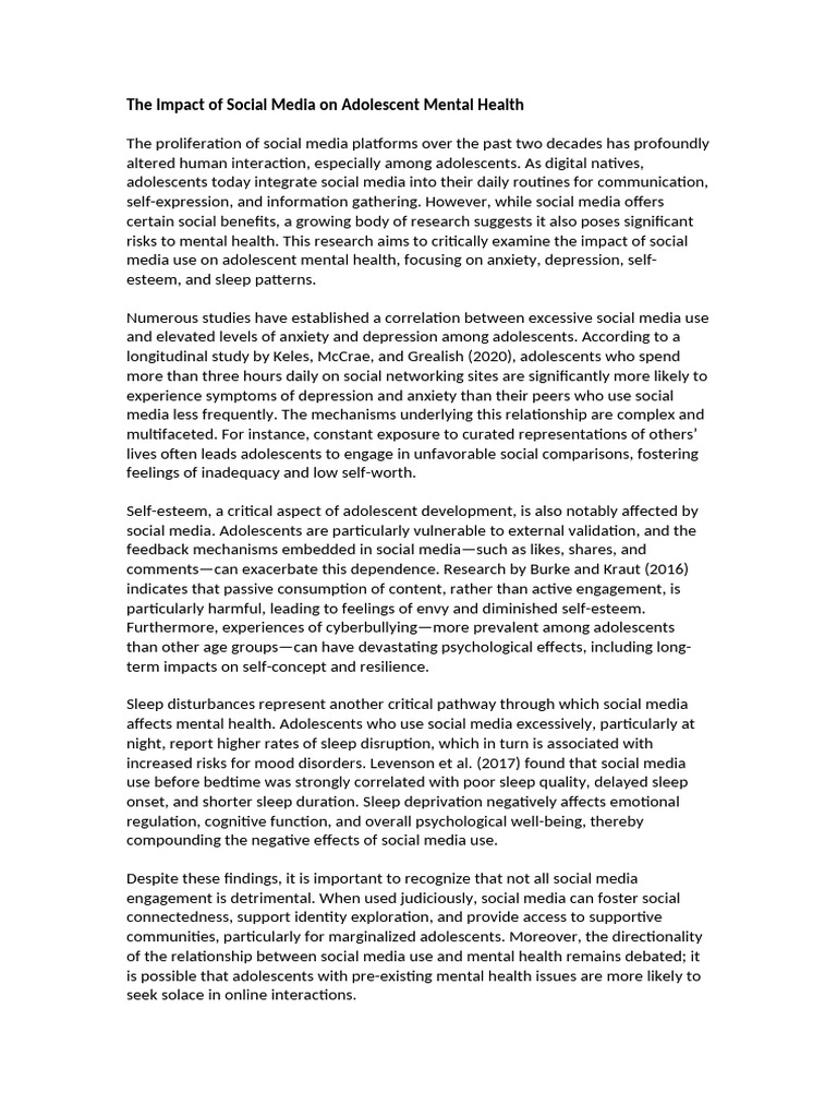 Social Media's Effects on Teen Mental Health | PDF | Adolescence | Self ...