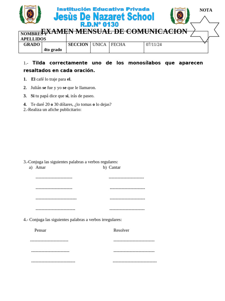 Examen Mensual de Comunicación 4to Grado | PDF