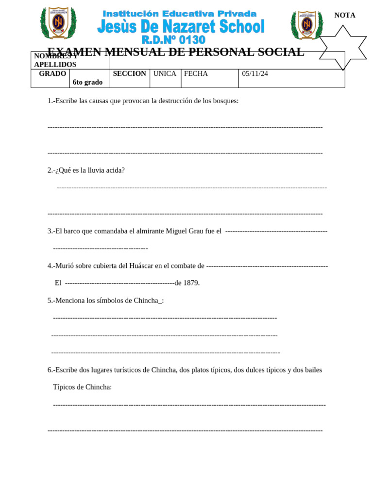 Examen Mensual de Personal Octubre Sexto | PDF