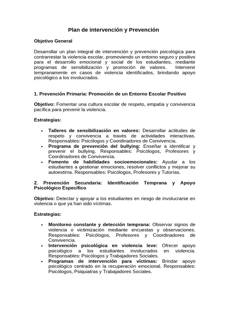 Plan Integral de Prevención de Violencia Escolar | PDF | Violencia ...