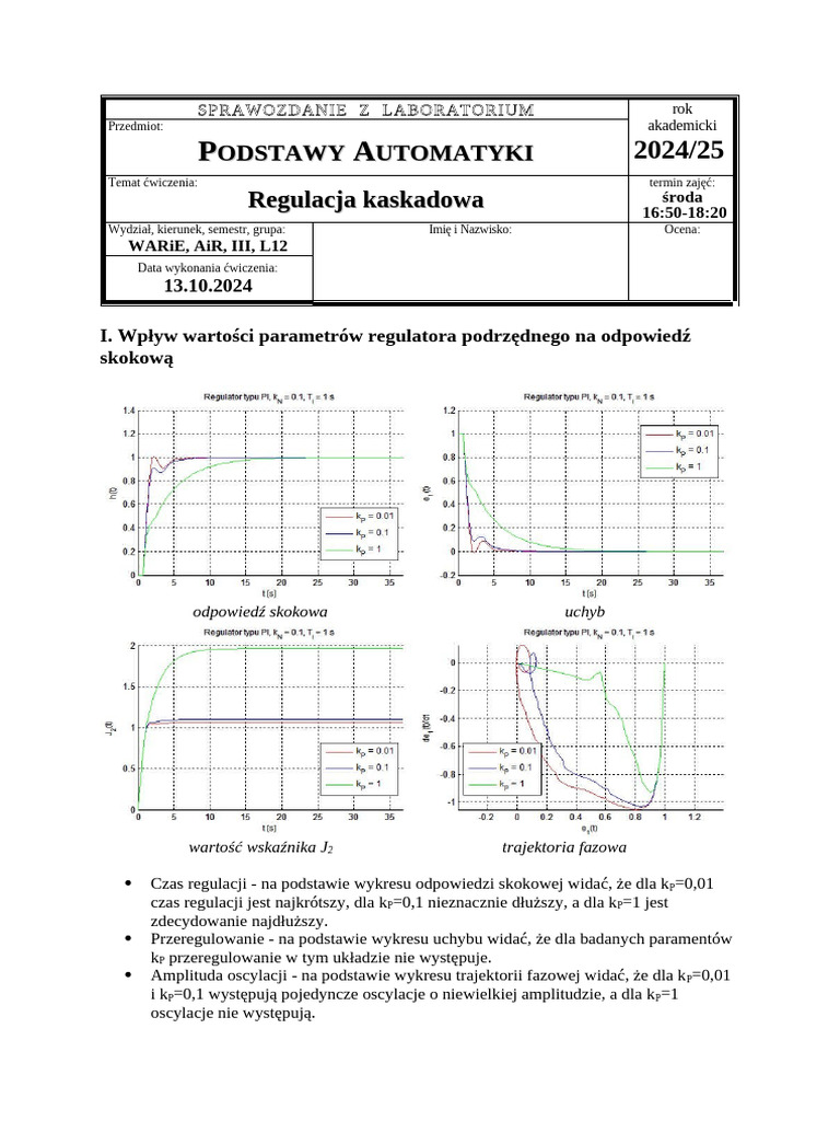 Sprawodzdanie Podstawy Automatyki Lab6 Pdf