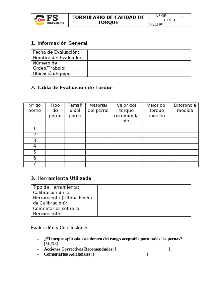 Formulario de Evaluación de Torque | PDF