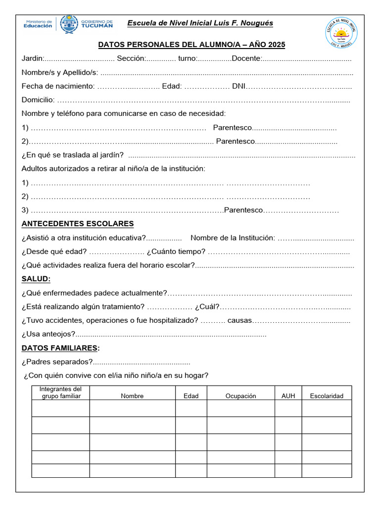 Ficha de Datos Personales Infantil 2025 | PDF