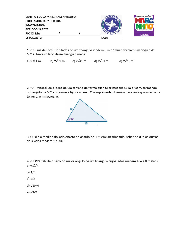 Exercícios sobre Lei dos Senos | PDF