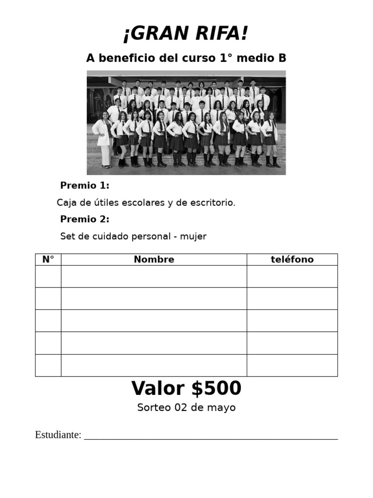 Rifa Escolar 1° Medio B: Premios y Sorteo | PDF