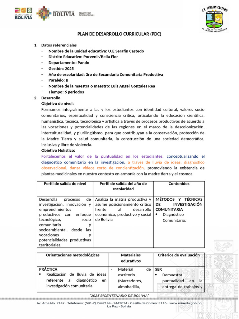 Plan de Desarrollo Curricular 2025 | PDF | Plan de estudios | Bolivia