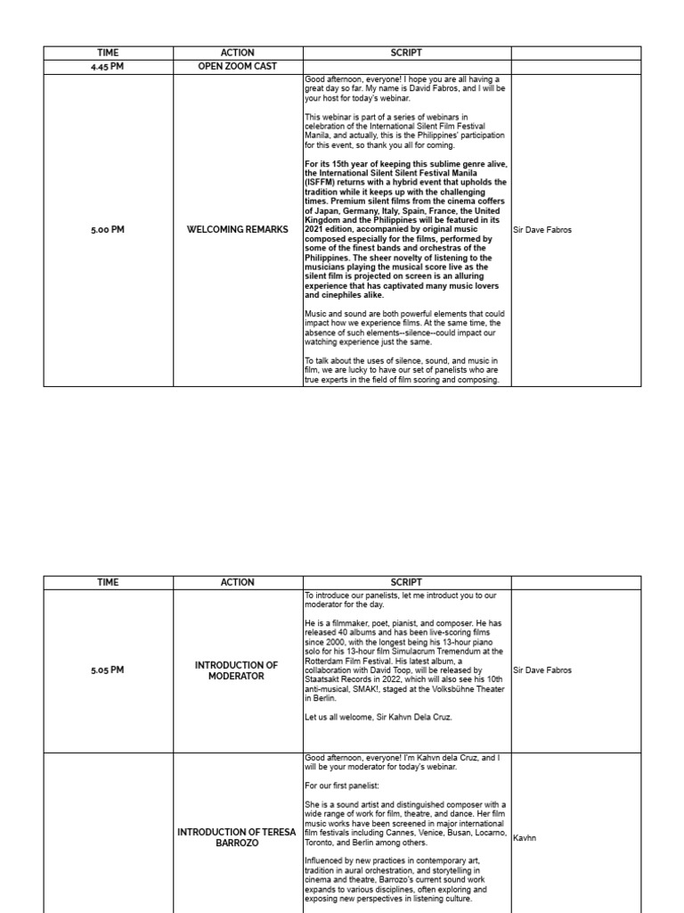 ISFMM Webinar Program Flow + Script - Sheet1 | PDF | Performing Arts ...