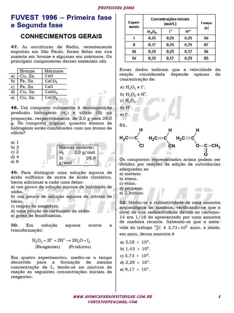 Questões de Química para Vestibular FUVEST | PDF | Equilíbrio químico ...