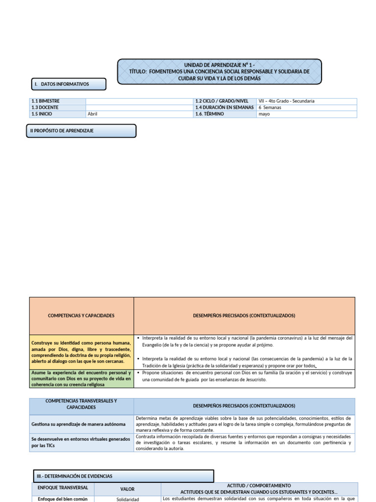 1era Unidad de Aprendizaje 4to Año. | PDF | Aprendizaje | Oración