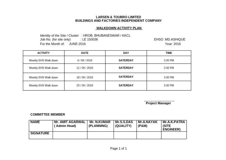 EHS Walkdown Plan for June 2016 | PDF