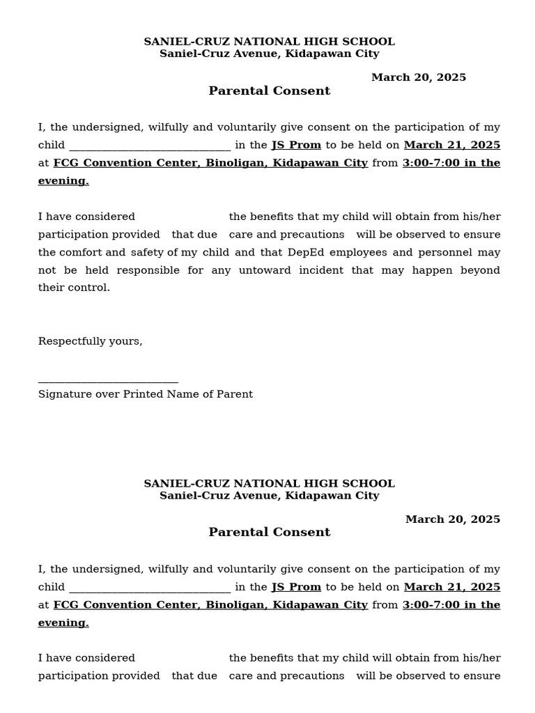 JS Prom Parental Consent Form | PDF