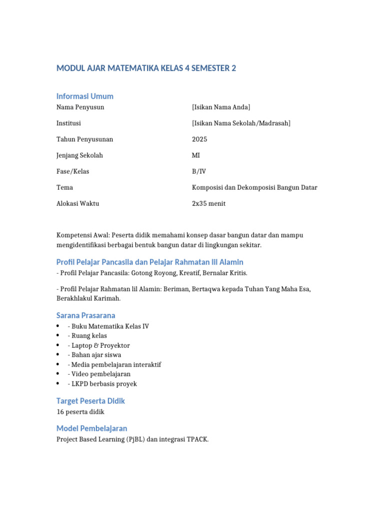 Modul Ajar Matematika Kelas 4 Semester 2 | PDF