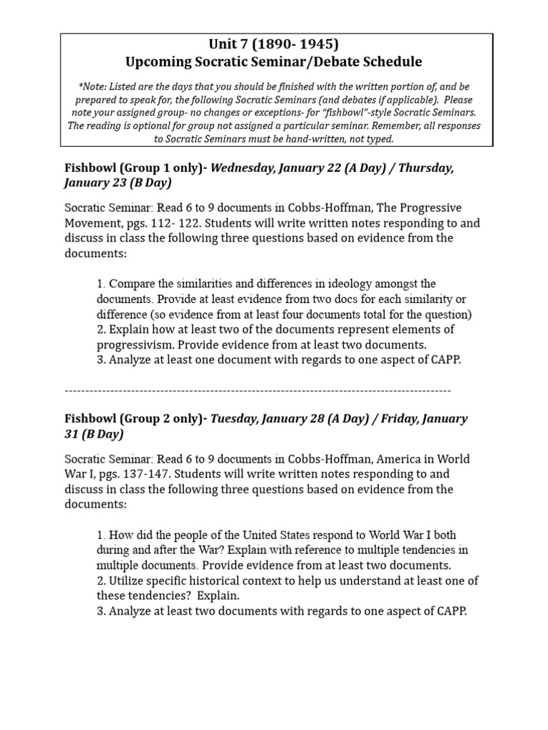 Unit+7+Socratic+Seminar+&+Debate+Schedule-+1-30 (1) | PDF