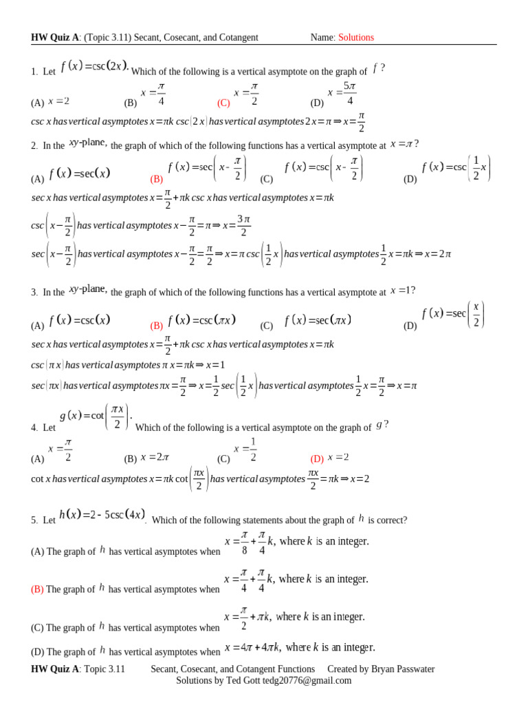 Secant, Cosecant, Cotangent Quiz Solutions | PDF | Trigonometric ...