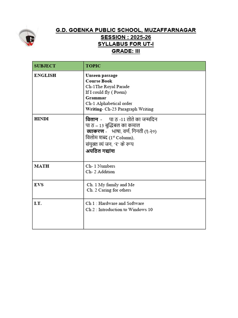 Grade III Ut 1 2025-26 | PDF