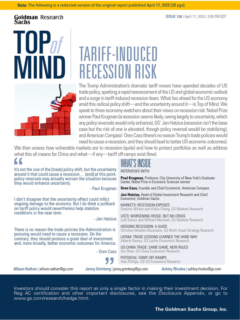 GS Tariff Induced Recession Risk 1745410892 | PDF | Cost Of Living ...