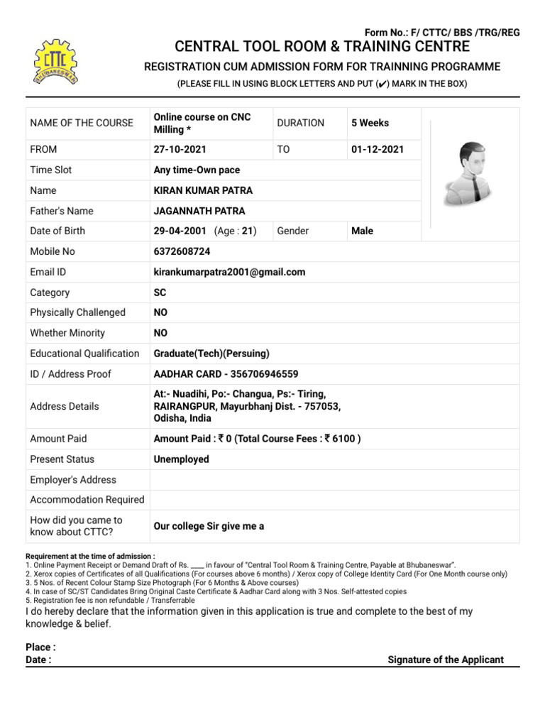 CTTC Bhubaneswar Course Registration Form | PDF