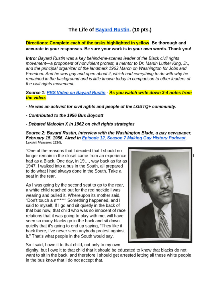 The Life of Bayard Rustin | PDF | Martin Luther King Jr. | March On ...