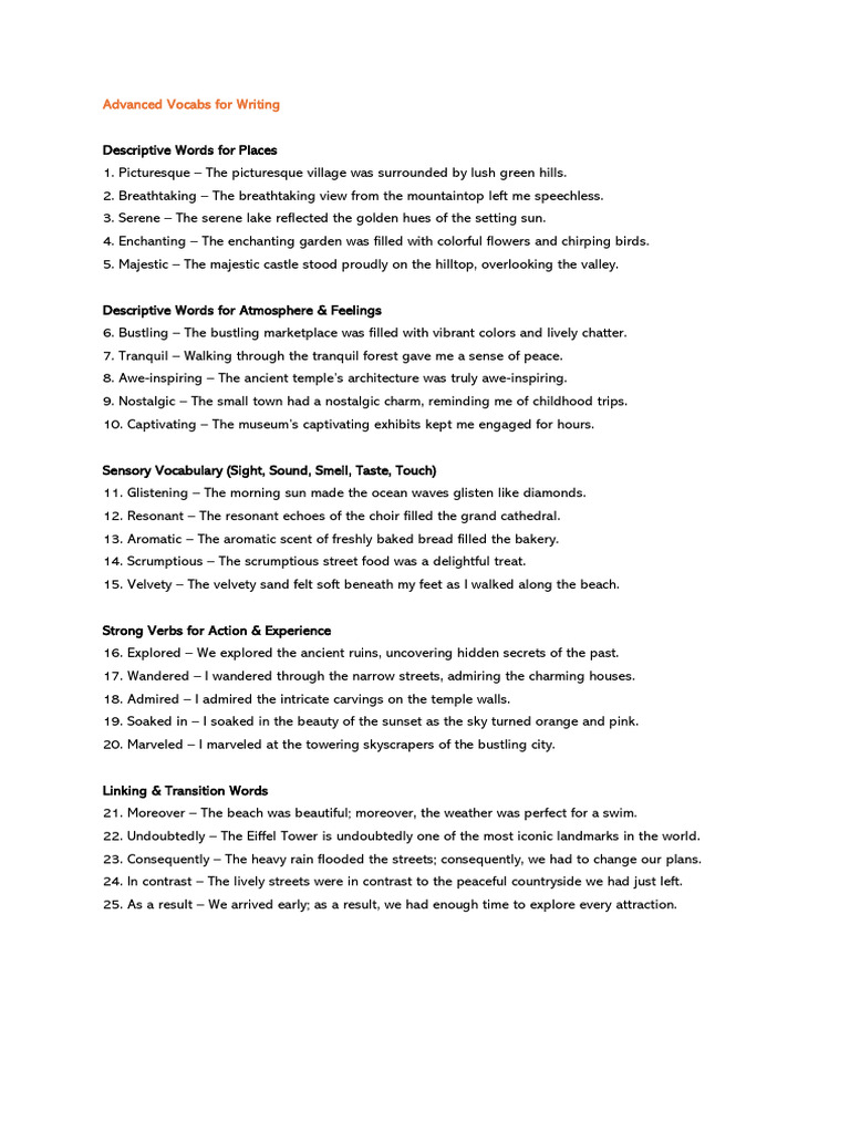 Advanced Vocabulary for Descriptive Writing | PDF