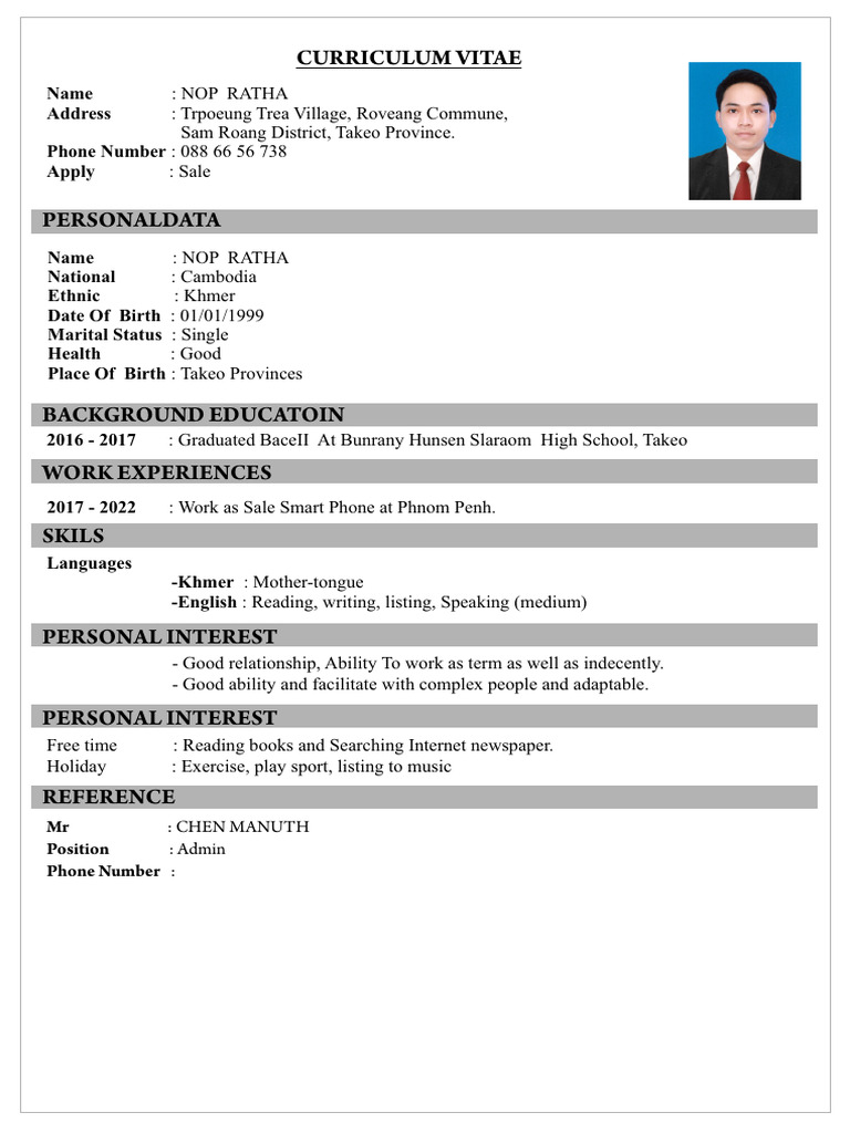 Nop Ratha's Sales CV - Cambodia | PDF