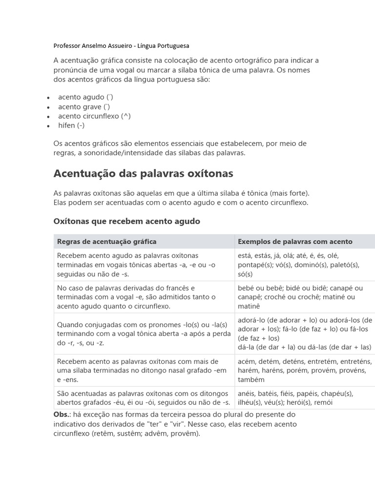 Acentuação Gráfica das Palavras Oxítonas | PDF | Estresse (Linguística ...