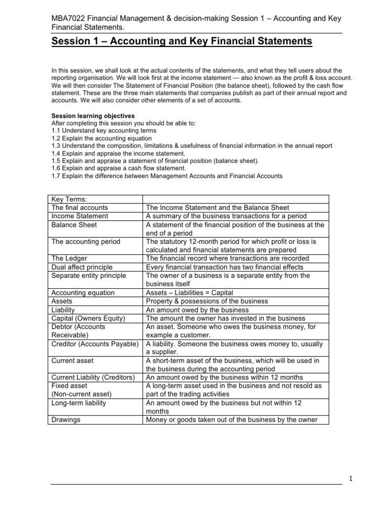 Lecture 1. Accounting and Key Financial Statements - Student Notes ...