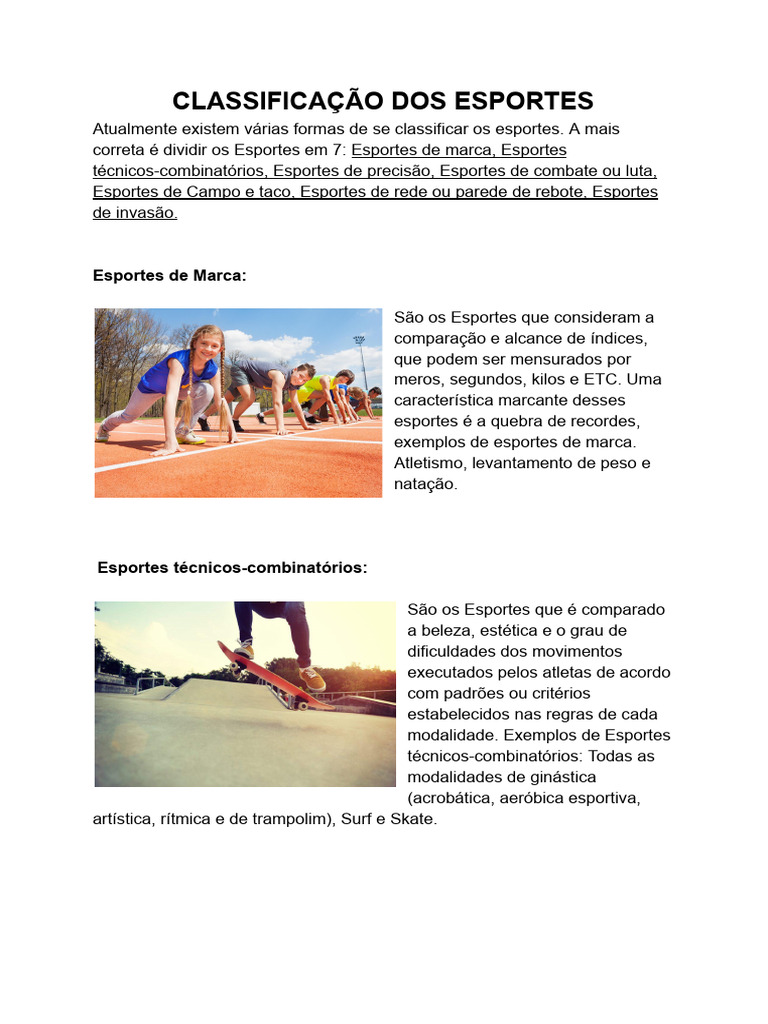 CLASSIFICAÇÃO DOS ESPORTES Com Imagens | PDF | Esportes | Esportes ...