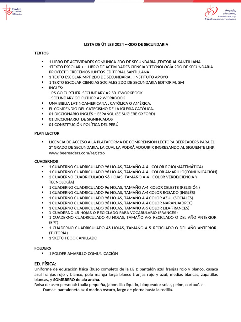 Útiles Escolares 2do de Secundaria 2024 | PDF | Ropa