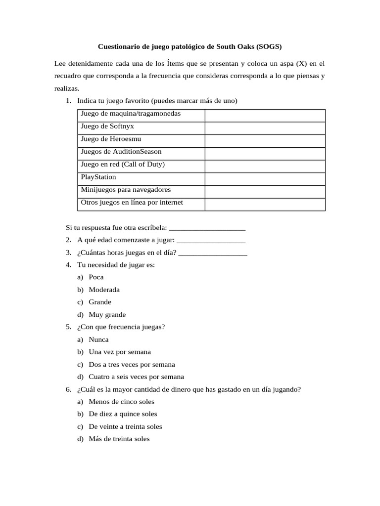Cuestionario SOGS sobre ludopatía | PDF