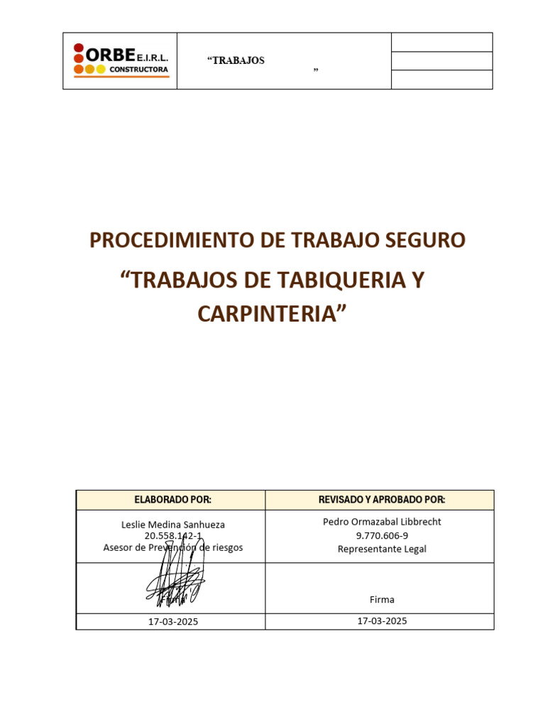 Procedimiento Seguro en Tabiquería y Carpintería | PDF | Seguridad y
