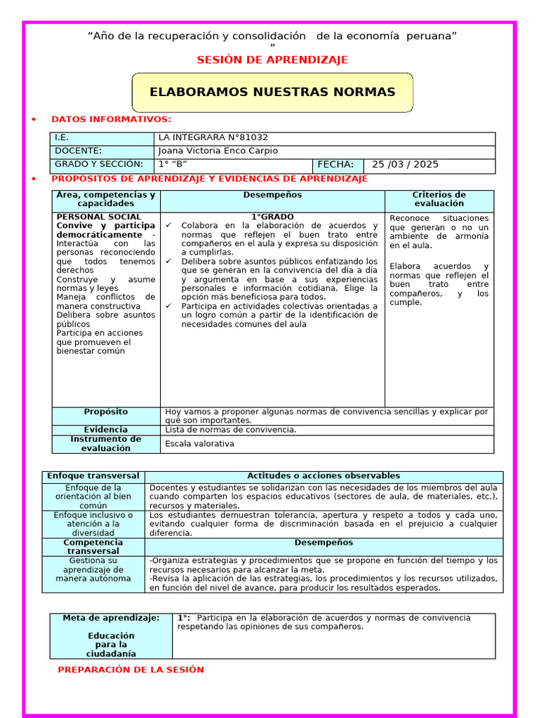 Sesion Normas de Convivencia | PDF | Evaluación | Aprendizaje