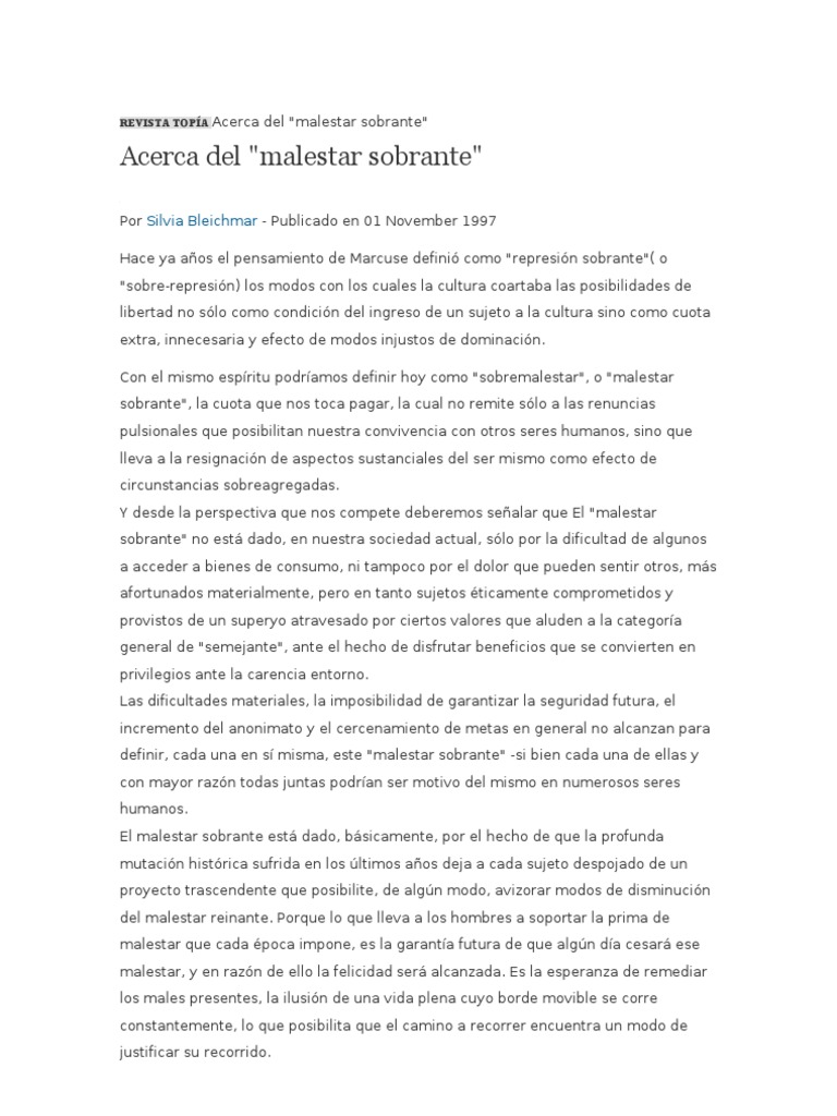 El Malestar Sobrante en la Cultura | PDF | Psicoanálisis | Ciencia ...