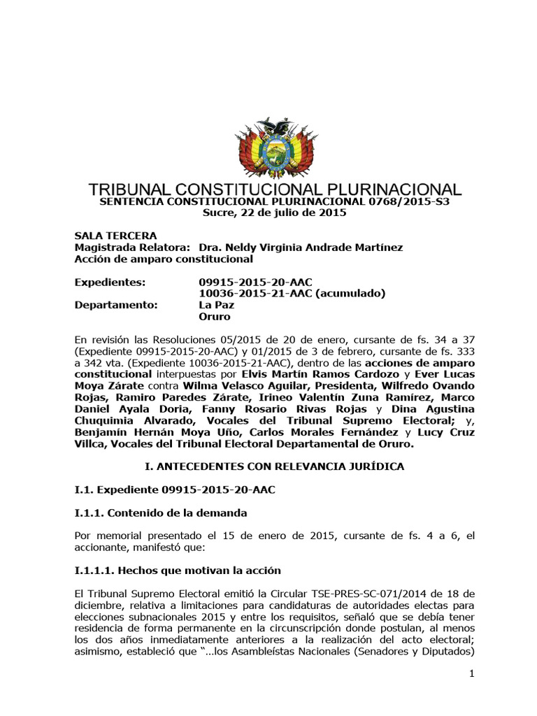Amparo Constitucional TSE 0768/2015-S3 | PDF | Caso de ley | Constitución
