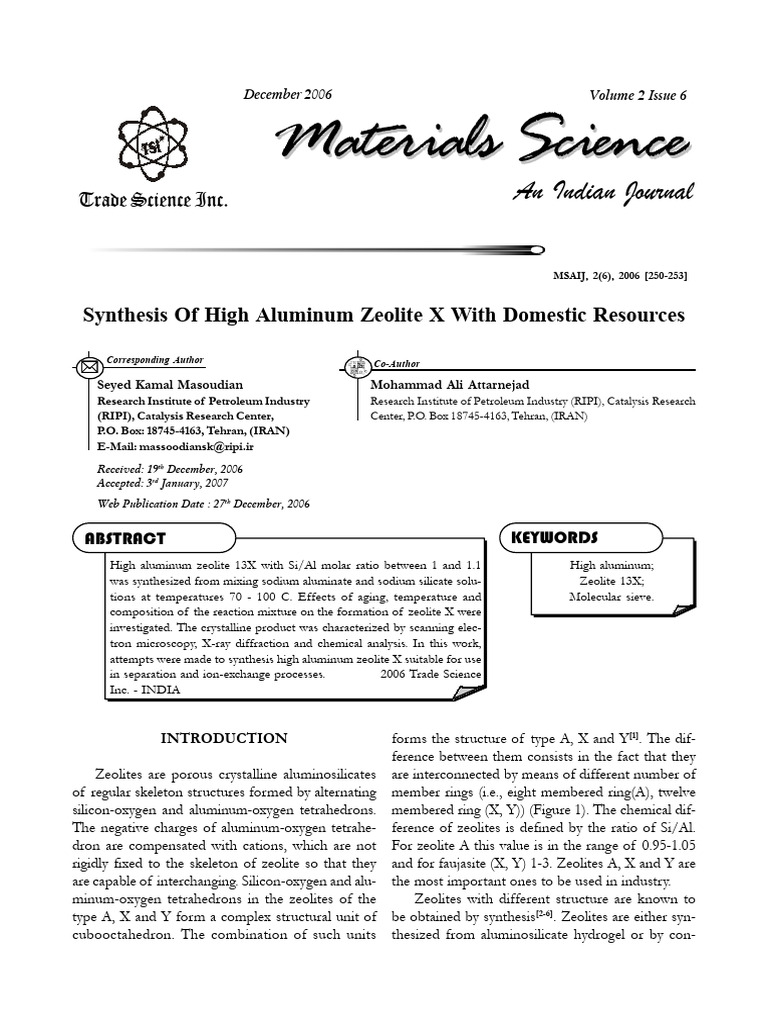 Synthesis of High Aluminum Zeolite X | PDF | Zeolite | Applied And ...