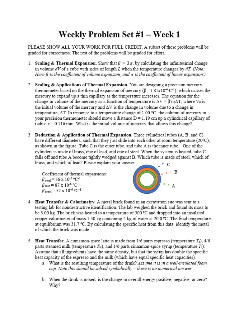 371 HW1 Temp,+Heat+&+1stLawThermo Sp24 | PDF | Thermal Expansion ...