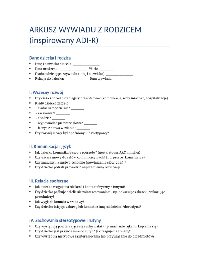 Arkusz Wywiadu ADI-R Inspiracja | PDF