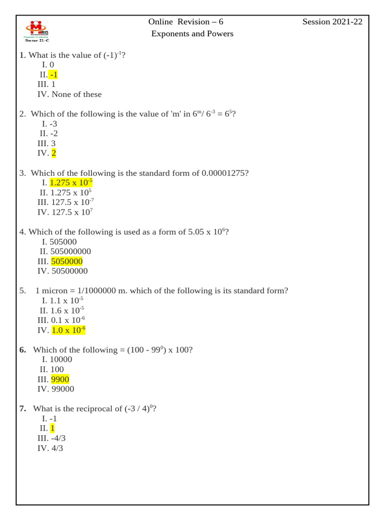 Exponents and Powers Practice Quiz | PDF