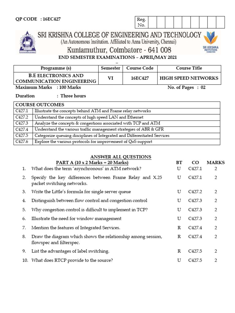 High Speed Networks Exam Paper 2021 | PDF | Computer Network | Network ...