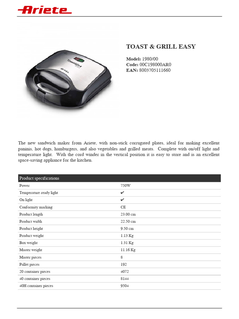 Ariete Toast & Grill Easy Overview | PDF