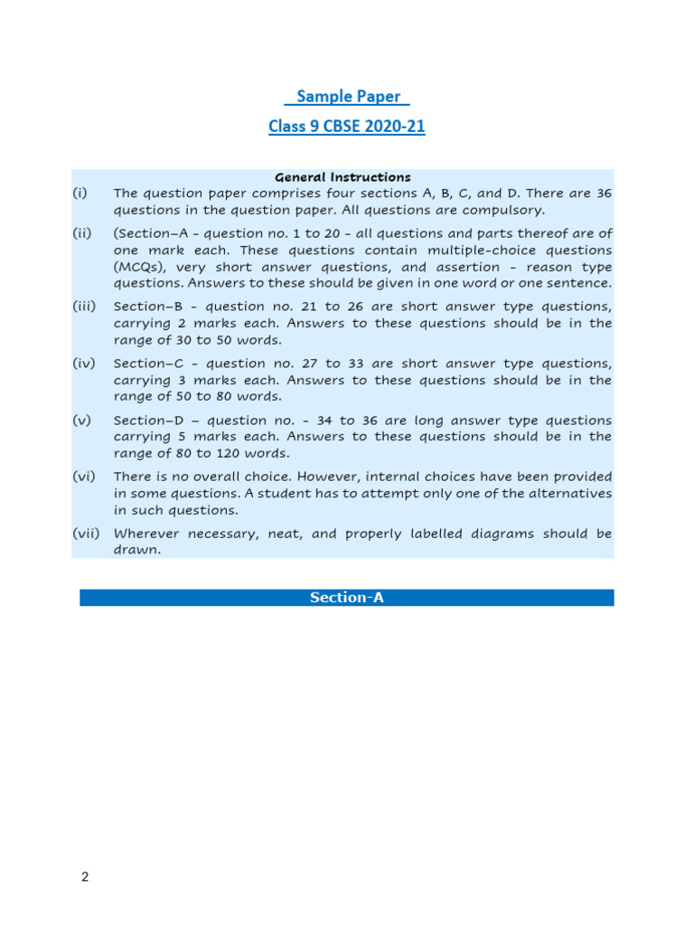 Class 9 CBSE Sample Paper 2020-21 | PDF | Force | Atoms