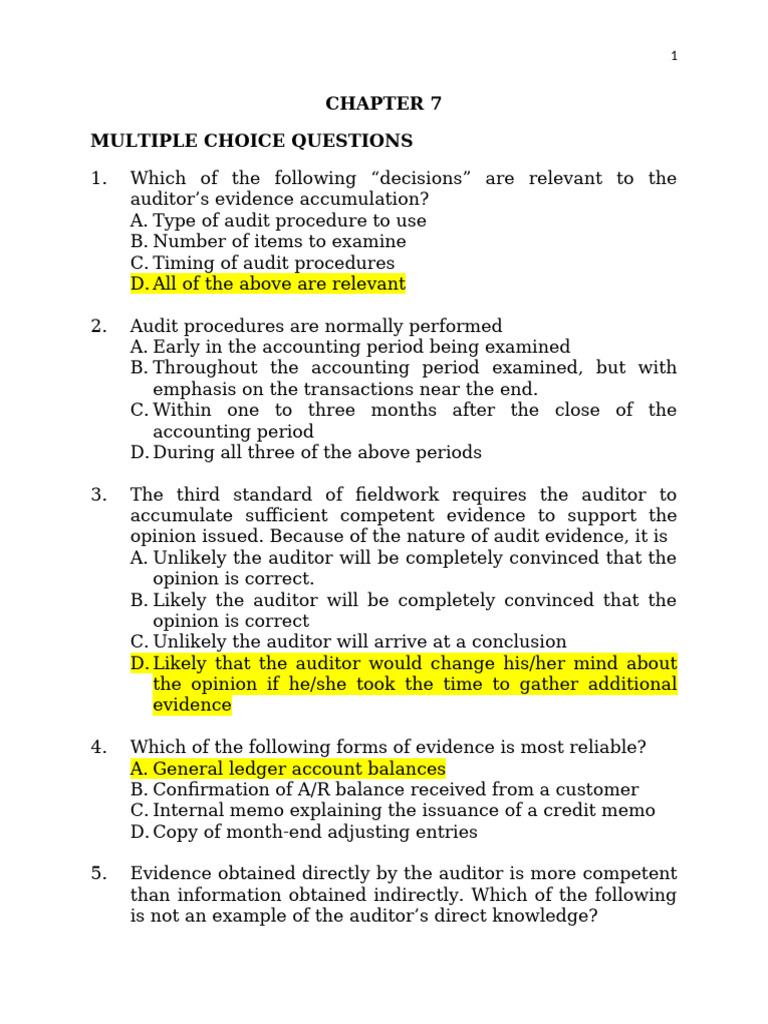 Audit Evidence: Multiple Choice Questions | PDF | Audit | Internal Control