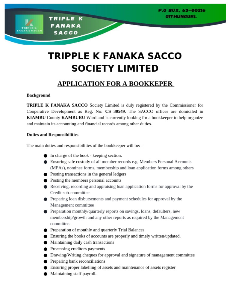 Book Keeper - Advert and Job Description - SACCO - TORs | PDF ...