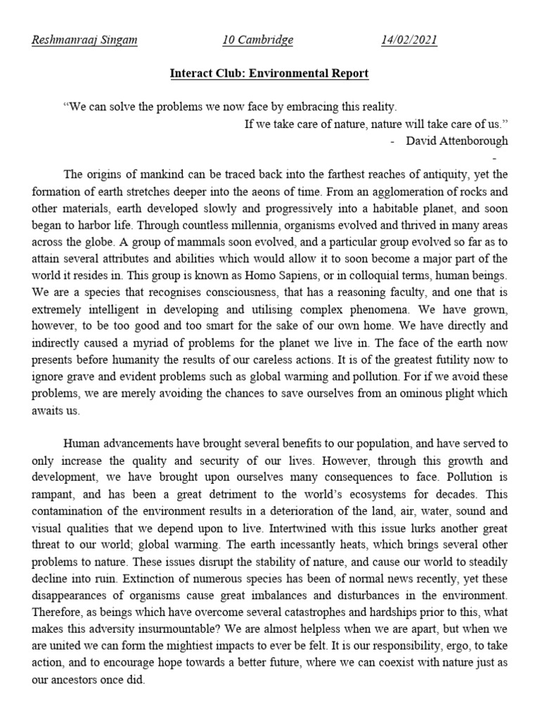 Environmental Report - Reshman | PDF | Nature | Natural Environment