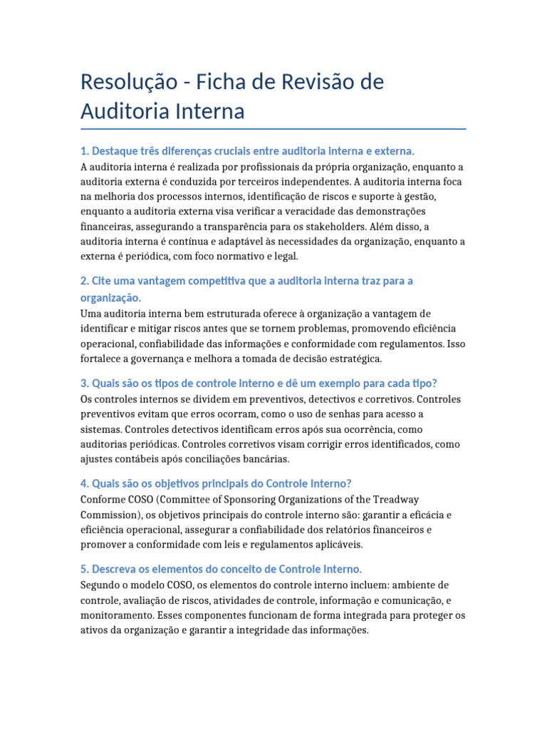 Diferenças e Vantagens da Auditoria Interna | PDF | Auditoria interna ...