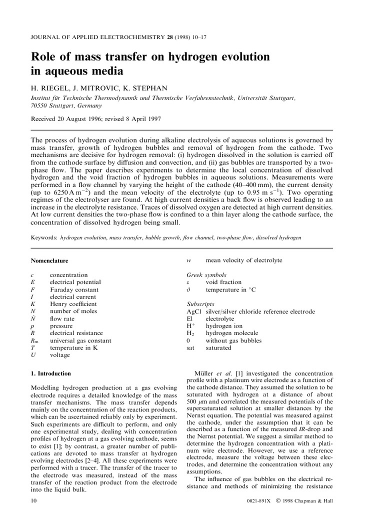 Mass Transfer in Hydrogen Evolution | PDF | Electrode | Hydrogen
