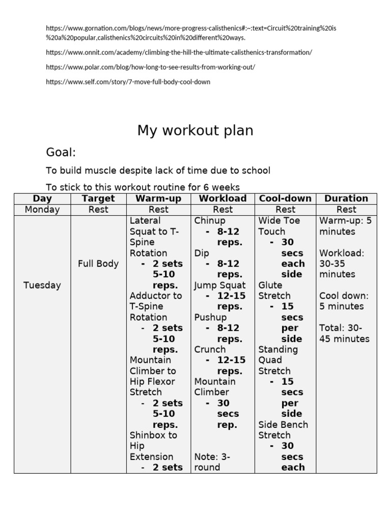 6-Week Full Body Calisthenics Plan | PDF | Anatomical Terms Of Motion ...